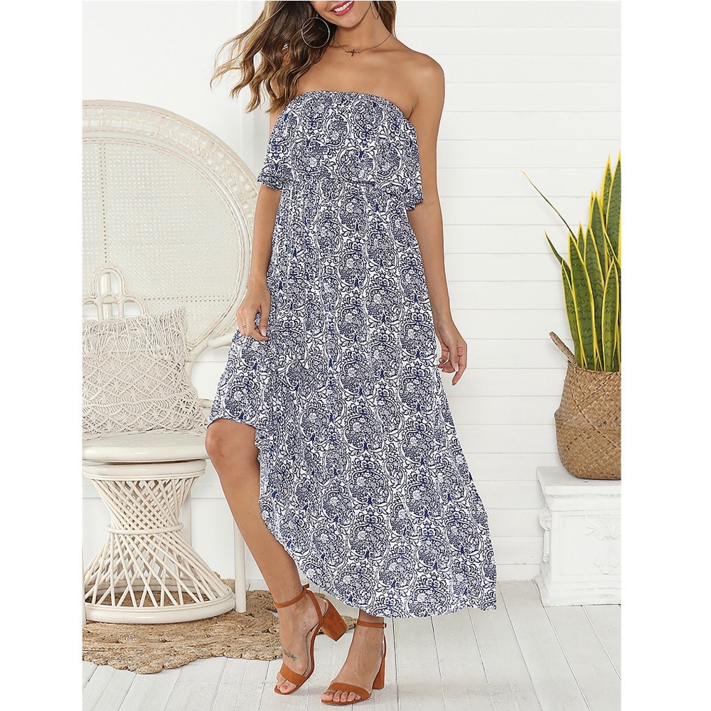 Strapless Ruffle Maxi Dress Size 16 XL Blue & White Rayon Print - Picture 3 of 16